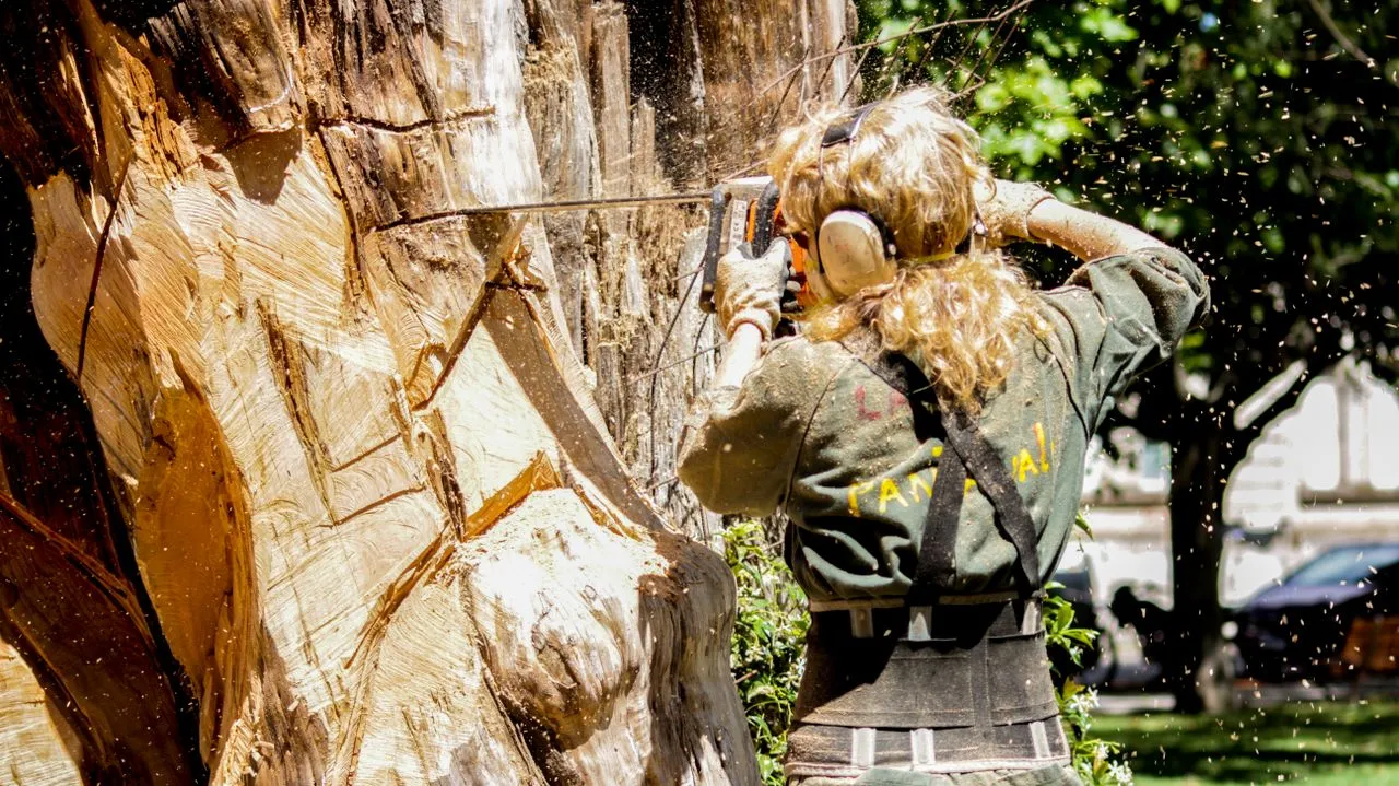 An arborist cutting a tree with a chainsaw
